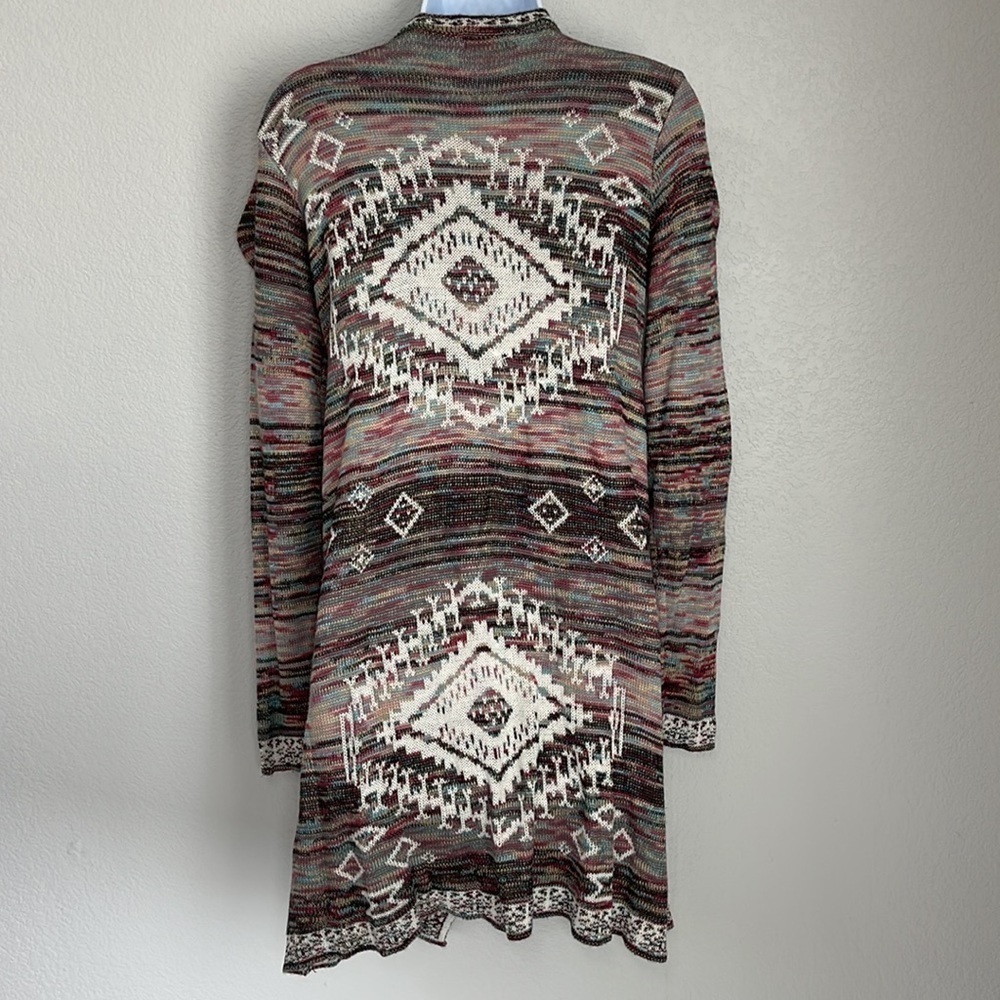 One World Women's Open Front Duster Cardigan Sweater Aztec Print Size Medium M